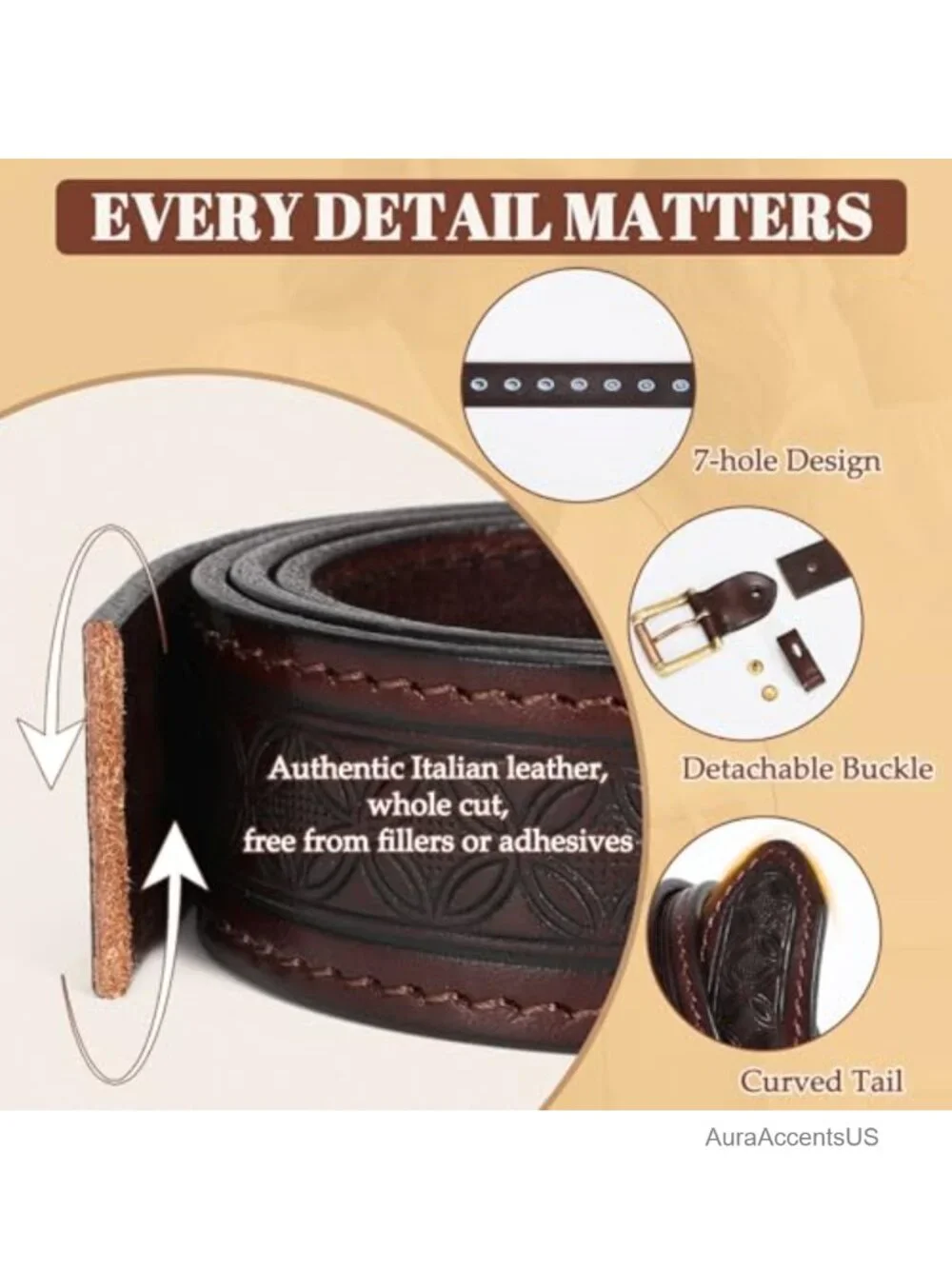 Italian Full Grain Leather Belt with Metal Buckle, Adjustable 7 Holes